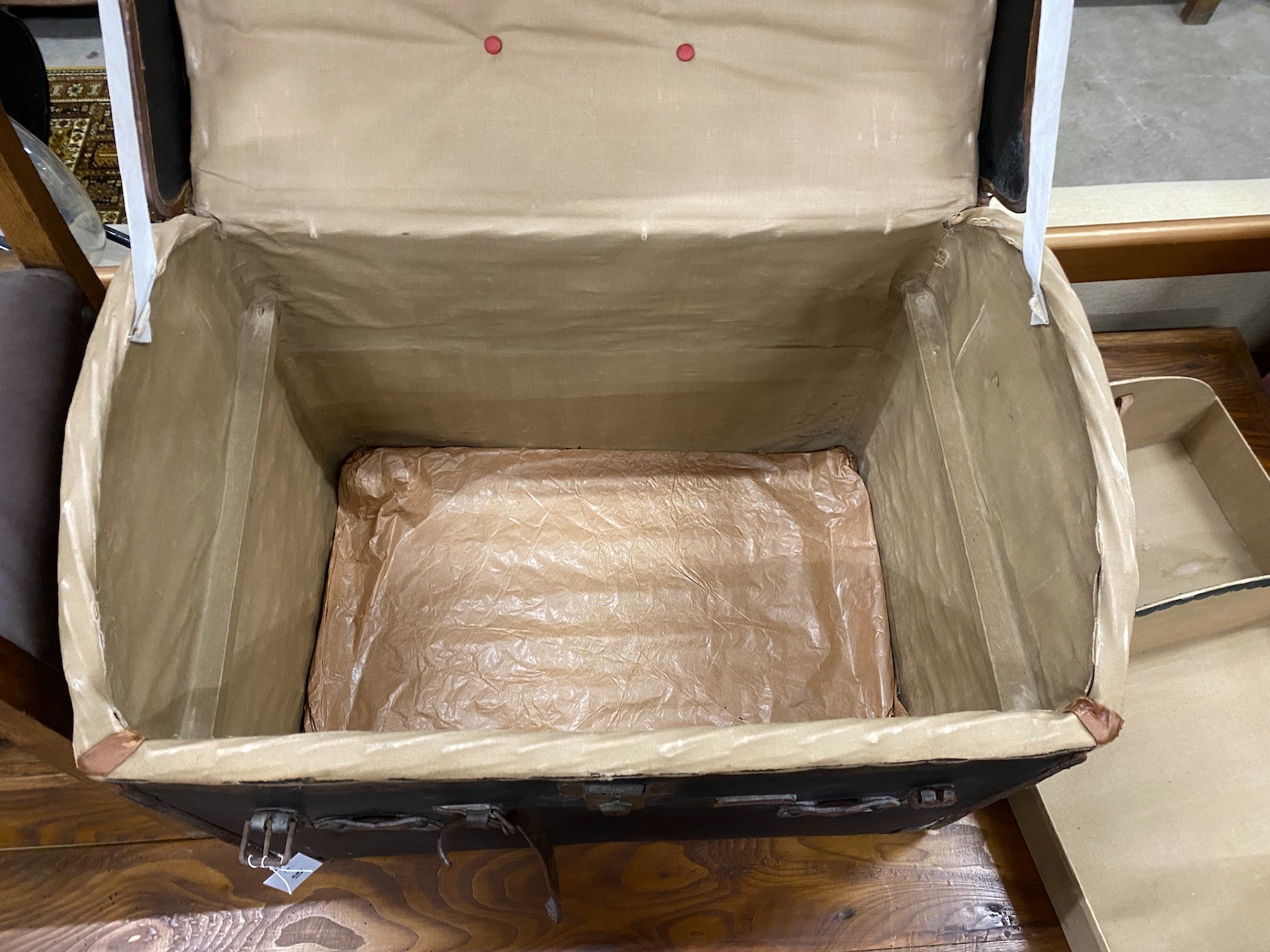 A Victorian leather dome top trunk with original interior by Webb & Son, Plymouth and Exeter, length 77cm, depth 52cm, height 62cm